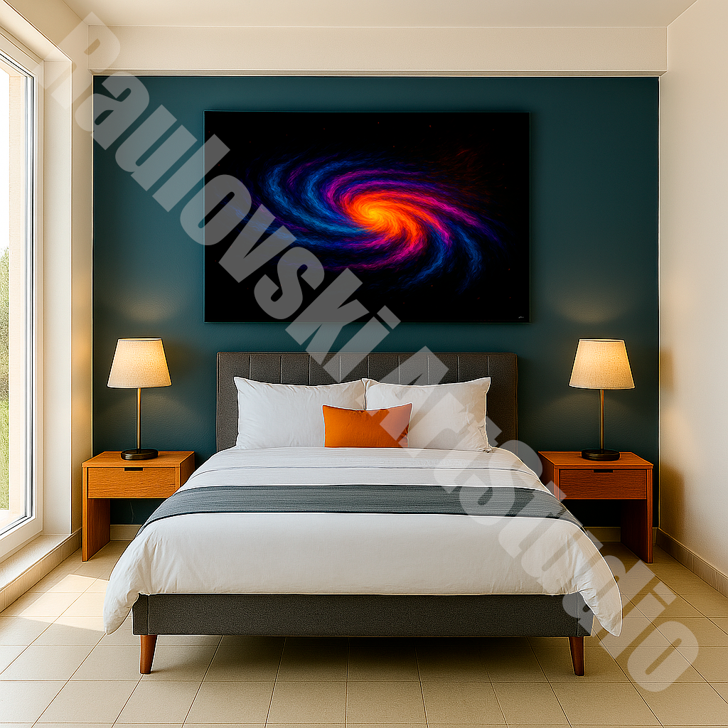 Printable digital art of a spiral galaxy – Cosmic decorative artwork featuring a radiant core and swirling arms in vibrant shades of blue, purple, and pink. Ideal for astronomy lovers, universe enthusiasts, and those drawn to the energy of space. Perfect for decorating homes, offices, or modern spaces with a touch of depth and mystery. Instant high-resolution download ready for printing on canvas, poster, or fine art paper.