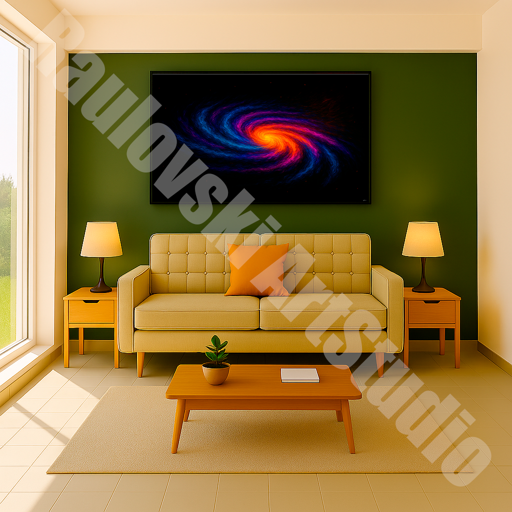 Printable digital art of a spiral galaxy – Cosmic decorative artwork featuring a radiant core and swirling arms in vibrant shades of blue, purple, and pink. Ideal for astronomy lovers, universe enthusiasts, and those drawn to the energy of space. Perfect for decorating homes, offices, or modern spaces with a touch of depth and mystery. Instant high-resolution download ready for printing on canvas, poster, or fine art paper.